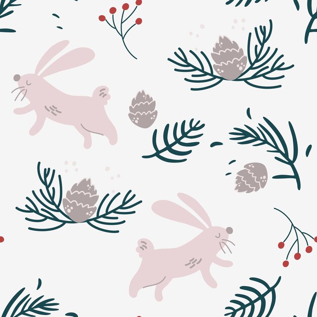 Conejos, ramas de abeto y conos de patrones sin fisuras. Fondo de bosque de invierno. Hermoso patrón de Navidad sin fisuras, repetido. Scrapbooking, papel, tela. Mano de vector dibujar ilustración de dibujos animados.