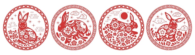 Los conejos del zodiaco chino etiquetas red redondas emblemas con animales astrológicos silueta de conejos con flores nubes y sol 2023 nuevo año símbolos asiáticos ordenado conjunto aislado vectorial