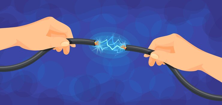Vector conexión de cable eléctrico en las manos del electricista energía eléctrica peligro de accidente cables eléctricos conectan voltaje relámpago ilustración vectorial ordenada