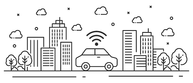 Conexión de coche de ilustración con edificio en estilo de línea