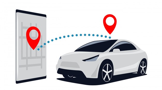 Conexión coche y teléfono inteligente. Busque SUV en el estacionamiento a través de la aplicación móvil en el teléfono. ilustración.