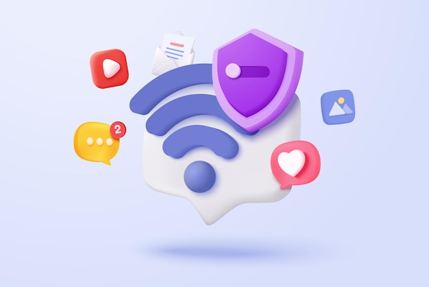 Conexión inalámbrica 3D y red compartida con icono de protección de escudo Punto de acceso de punto de acceso para cobertura digital en línea Área de transmisión con Wi-Fi Icono de señal inalámbrica 3D Ilustración vectorial de renderización