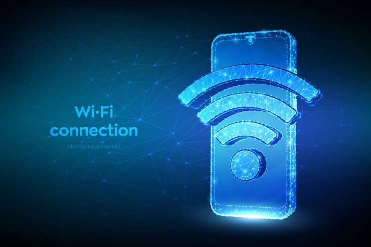 Vector conexión inalámbrica y concepto wifi gratuito. resumen bajo poligonal smartphone con señal de wi-fi.