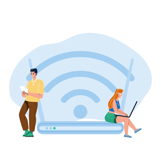 Conexión inalámbrica de hombre y mujer a wi-fi vector. chico y chica con conexión inalámbrica smartphone y portátil al enrutador. personajes usuarios online internet conectado plano dibujos animados ilustración