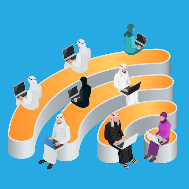 Conexión inalámbrica de la zona de punto de acceso Wi-Fi gratuito público. Concepto de comunicación de redes sociales. Ilustraciones vectoriales 3d planas isométricas
