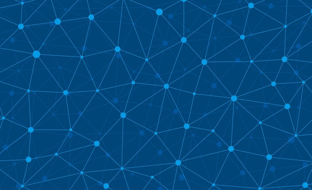 Conexión a internet abstracta y papel tapiz de diseño web gráfico de tecnología. Plexo poligonal digital geométrico con estructura de partículas de moléculas. Rejilla de triángulo azul futurista. Ilustración de datos vectoriales