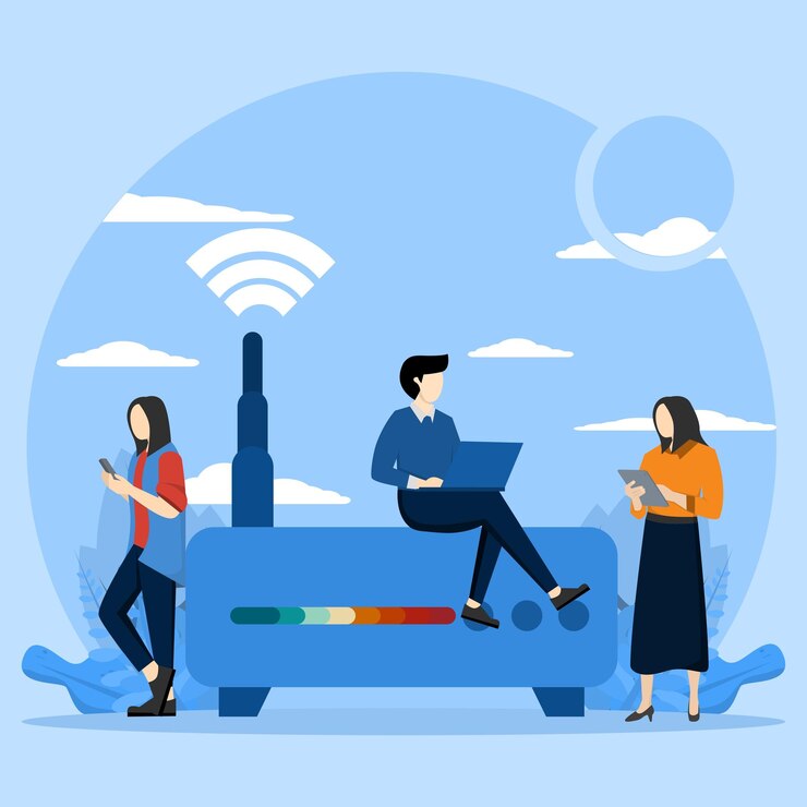 Vector conexión a internet usando personajes conceptuales con enrutador wifi
