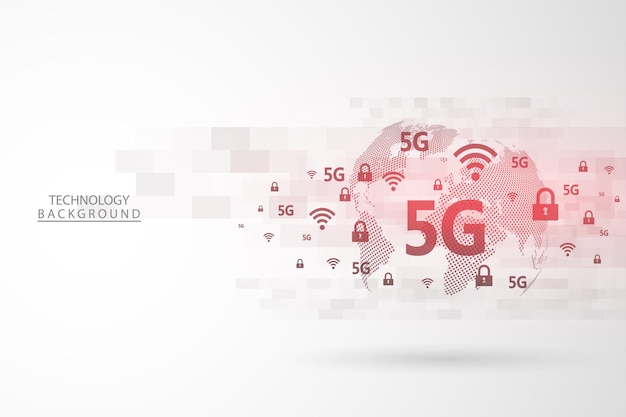 Vector conexión de red global diseño gráfico de tecnología de fondo abstracto. internet y sistemas inalámbricos de red 5g. big data tecnología de velocidad de datos de conexión de alta velocidad de red global