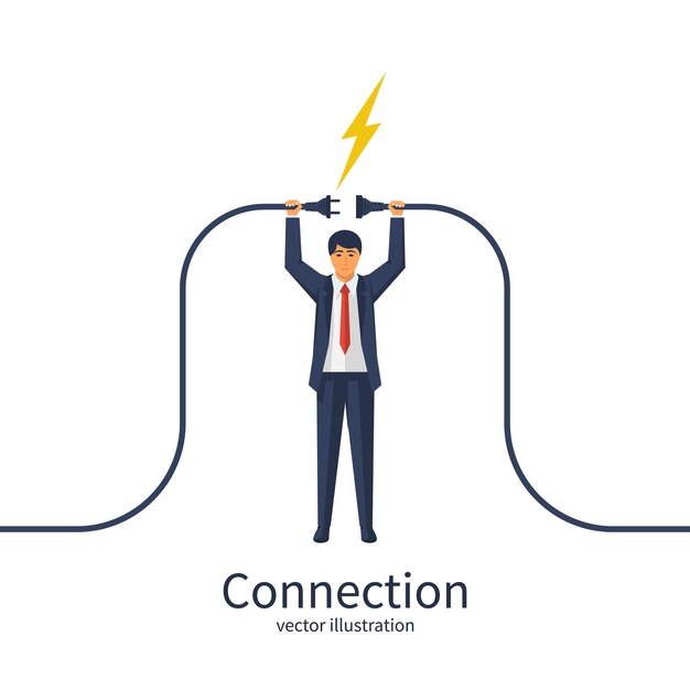 Conexión de la toma de corriente Empresario que conecta el enchufe y la toma de corriente en la mano Diseño plano de ilustración vectorial aislado en el fondo Concepto de conexión empresarial