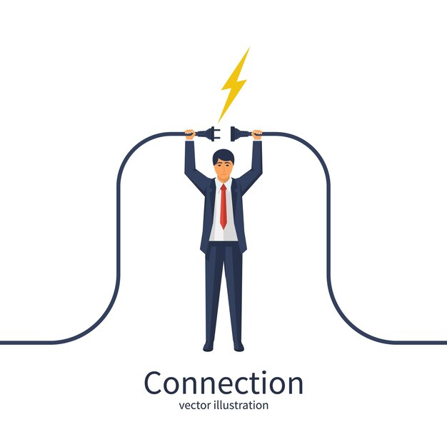 Conexión de la toma de corriente empresario que conecta el enchufe y la toma de corriente en la mano diseño plano de ilustración vectorial aislado en el fondo concepto de conexión empresarial