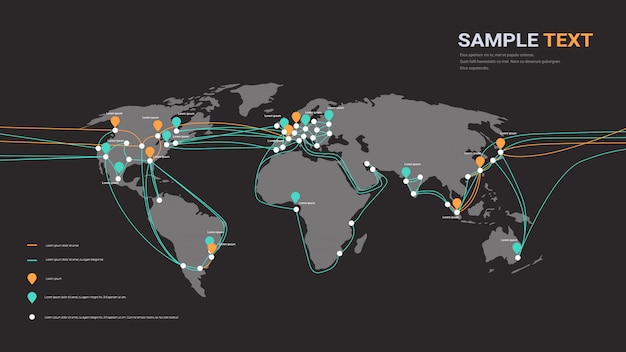 Conexiones de cable de red global y sistema de transferencia de información tecnología de mapa mundial