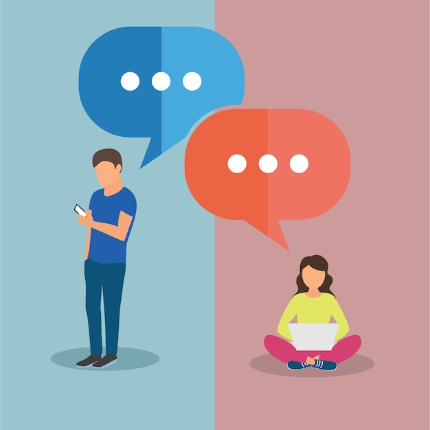 Conexiones de mensajes de texto. Hombre y mujer charlando. Ilustración vectorial en diseño plano con burbujas de discurso