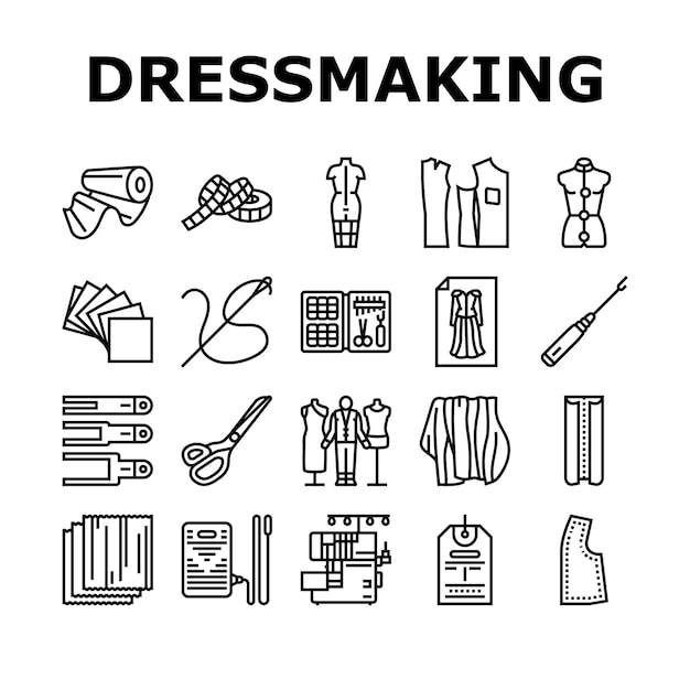 confección de vestidos moda costura estilo iconos conjunto vector