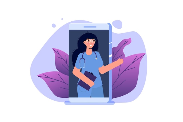 Conferencia médica en línea, concepto de consulta en línea Doctor Distant. Ilustración vectorial plana