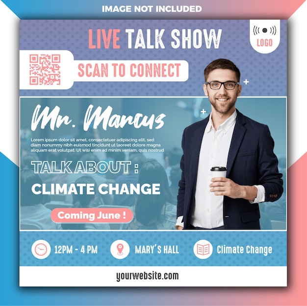 Vector conferencia de negocios en vivo programa de entrevistas plantilla de medios de marketing digital sesión de carteles cambio climático