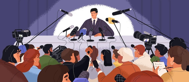 Conferencia de prensa El líder se comunica con la audiencia en la reunión El orador informa las noticias en el micrófono para la multitud de periodistas El portavoz con una entrevista para los medios de comunicación Ilustración de vector plano