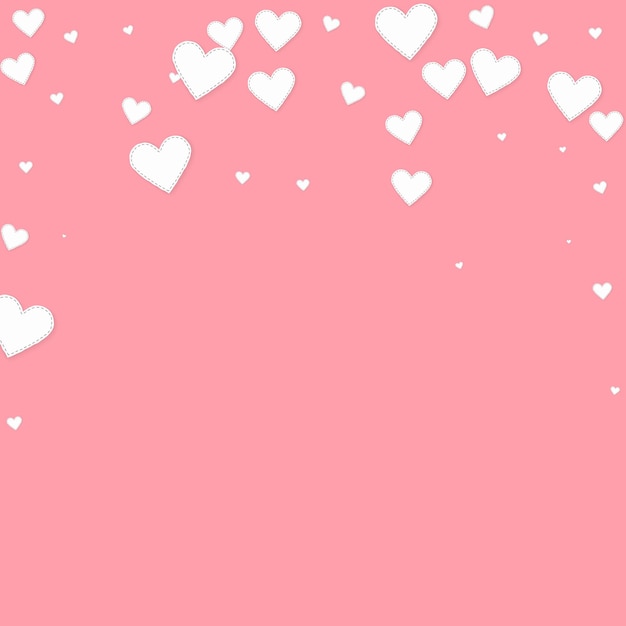 Confeti de amor de corazón blanco Día de San Valentín lluvia cayendo fondo admirable Confeti de corazones de papel cosido cayendo sobre fondo rosa Ilustración de vector creativo