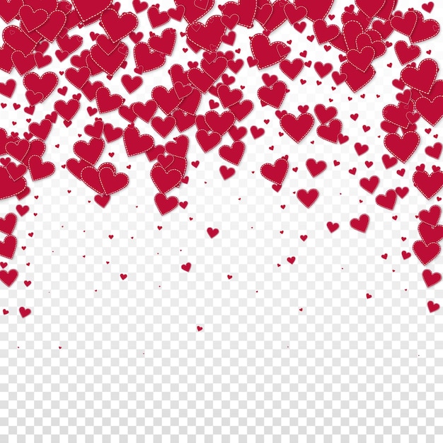 Confeti de amor de corazón rojo día de san valentín lluvia caída fondo clásico caída de confeti de corazones de papel cosido sobre fondo transparente ilustración de vector fresco