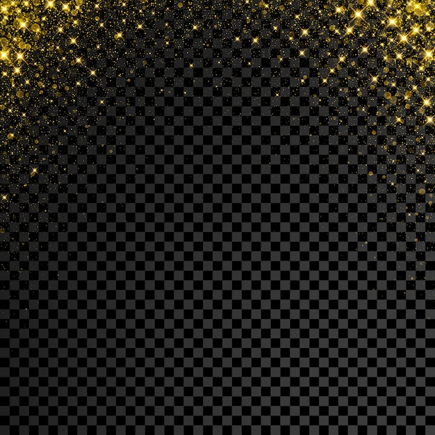Confeti de brillo dorado sobre fondo transparente Lluvia de chispas de estrellas vectoriales con salpicaduras de brillo brillante