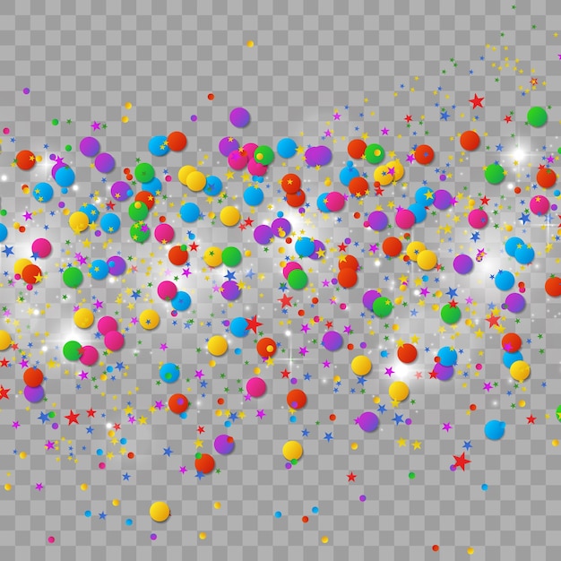 Confeti de colores y bolas aisladas. Vector de fondo festivo. Feliz cumpleaños. Fiesta.