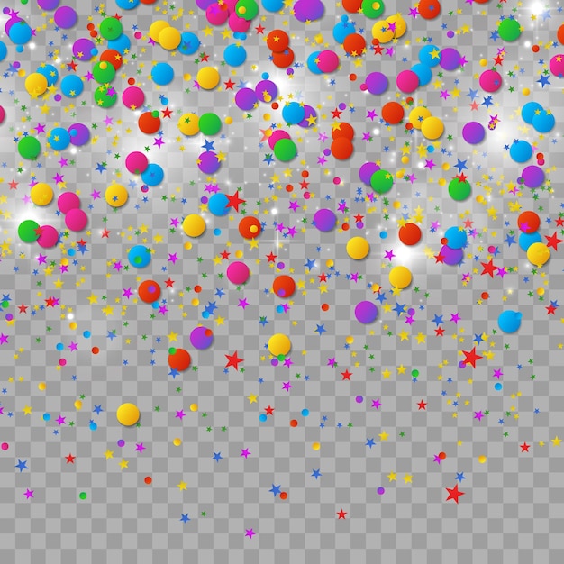 Confeti de colores y bolas aisladas. Vector de fondo festivo. Feliz cumpleaños. Fiesta.