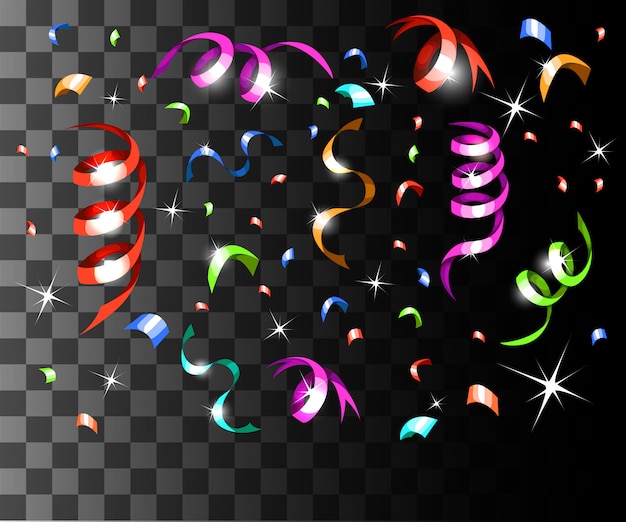 Confeti de colores cayendo y cintas de colores adornos navideños en la página del sitio web de fondo transparente y la aplicación móvil