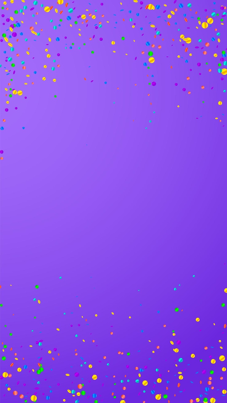 Vector confeti divertido festivo. estrellas de celebración. confeti brillante sobre fondo violeta. plantilla de superposición festiva atractiva. fondo de vector vertical.