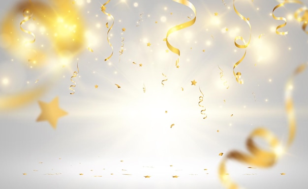 Confeti dorado cae sobre un hermoso fondo Serpentinas que caen en el escenario