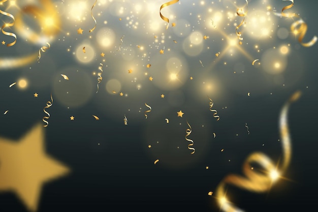 Confeti dorado cae sobre un hermoso fondo Serpentinas que caen en el escenario