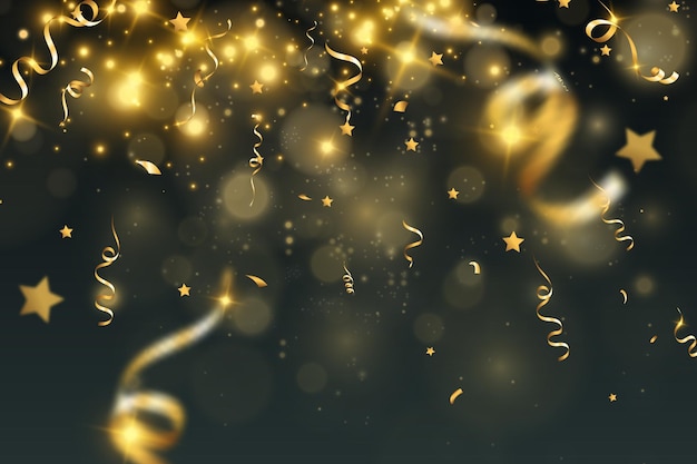 Vector confeti dorado cae sobre un hermoso fondo serpentinas que caen en el escenario