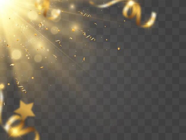 Confeti dorado cae sobre un hermoso fondo Serpentinas que caen en el escenario