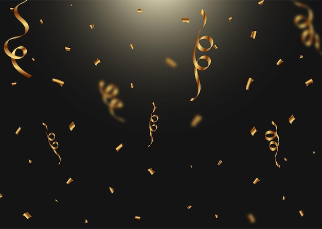 Confeti dorado y celebración de cinta con fondo negro clásico y elegante