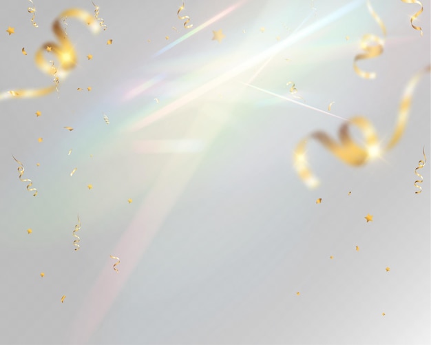 Confeti dorado de celebración de fondo festivo cintas brillantes y estrellas suave luz resplandor pastel