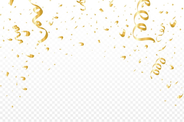 Confeti dorado y oropel de fiesta cayendo sobre un fondo transparente Elementos de fiesta coloridos