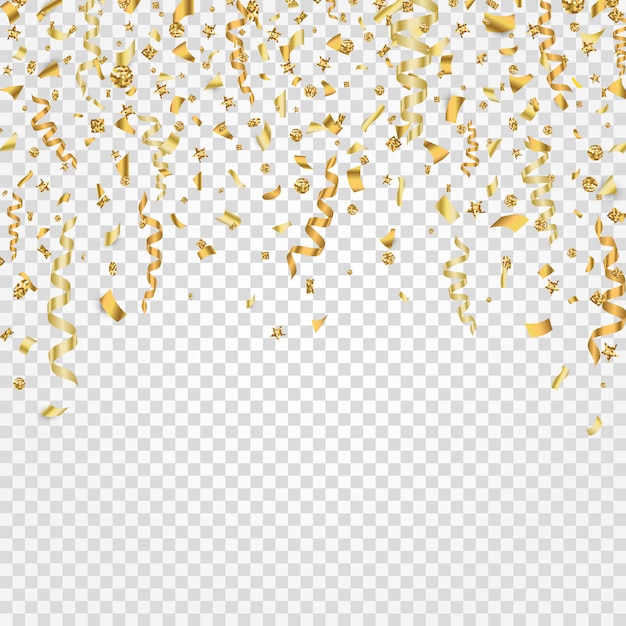 Confeti dorado con partículas de brillo que caen. Diseño brillante de vacaciones