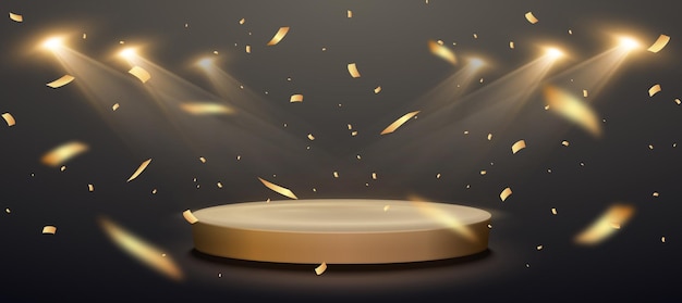 Confeti dorado con podio de premios y reflectores Fondo vectorial del ganador