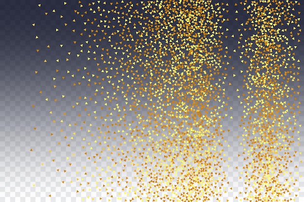 Confeti dorado sobre rojo. Partículas De Polvo De Oro Aisladas. Tarjeta de cumpleaños fluida. Telón de fondo nupcial al azar. Bokeh redondo vectorial. Fondo iridiscente abstracto. Borde de lámina. Telón de fondo de aniversario geométrico.