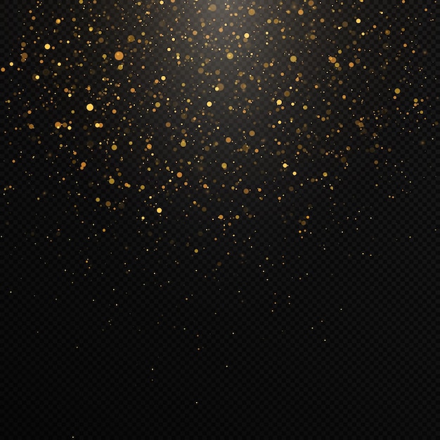 Confeti dorado y textura brillo sobre un fondo negro.