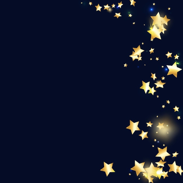 Confeti de estrella dorada sobre fondo negro. Ducha brillante y voladora. Confeti colorido de vector de vacaciones. Telón de fondo de la fiesta de cumpleaños. Plantilla de tarjeta de año nuevo