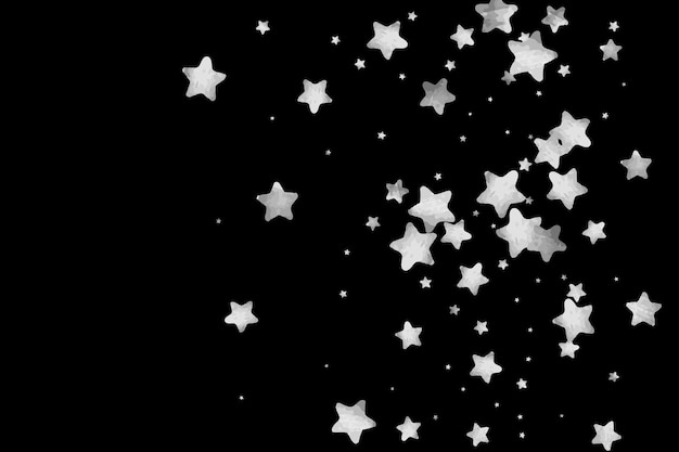 Confeti de estrella plateada. Fondo de aniversario estrellado que cae. Tarjeta de Navidad vectorial gris y negra. Estrellas plateadas aleatorias sobre fondo negro. Cielo oscuro con estrellas blancas brillantes de acuarela. Confeti volador.