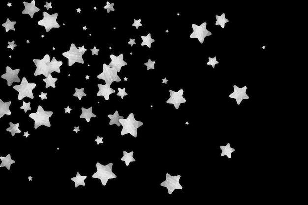 Confeti de estrella plateada. Fondo de aniversario estrellado que cae. Tarjeta de Navidad vectorial gris y negra. Estrellas plateadas aleatorias sobre fondo negro. Cielo oscuro con estrellas blancas brillantes de acuarela. Confeti volador.