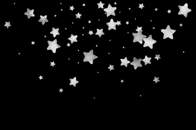 Confeti de estrella plateada. Fondo de aniversario estrellado que cae. Tarjeta de Navidad vectorial gris y negra. Estrellas plateadas aleatorias sobre fondo negro. Cielo oscuro con estrellas blancas brillantes de acuarela. Confeti volador.
