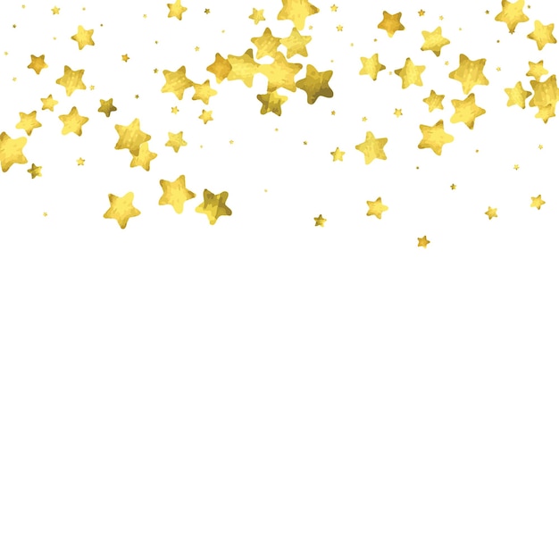 Confeti de estrellas. Fondo de confeti aleatorio dorado. Plantilla de diseño brillante. Plantilla de portada vectorial blanca y amarilla. Plantilla de invitación de cumpleaños o boda. Tarjeta abstracta para regalos. saludo de año nuevo 2018