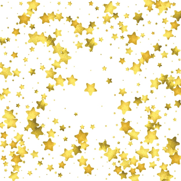 Confeti de estrellas. Fondo de confeti aleatorio de oro. Plantilla de diseño brillante. Plantilla de portada vectorial blanca y amarilla. Plantilla de invitación de cumpleaños o boda. Tarjeta abstracta para regalos. Saludo de año nuevo 2018