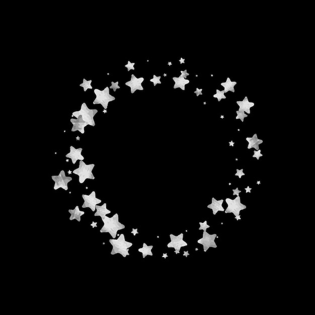 Confeti de estrellas plateadas. Fondo de aniversario de estrellas caídas. Tarjeta de Navidad vectorial gris y negra. Estrellas plateadas aleatorias sobre fondo negro. Cielo oscuro con estrellas blancas brillantes de acuarela. Confeti volador.