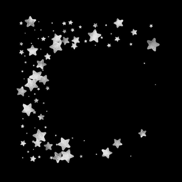 Confeti de estrellas plateadas. Fondo de aniversario de estrellas caídas. Tarjeta de Navidad vectorial gris y negra. Estrellas plateadas aleatorias sobre fondo negro. Cielo oscuro con estrellas blancas brillantes de acuarela. Confeti volador.