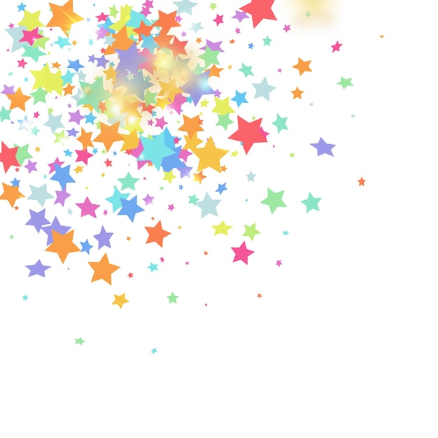 Confeti de estrellas verdes, rojas, amarillas y rosas sobre fondo blanco. Ducha brillante y voladora. Confeti colorido de vector de vacaciones. Fondo de decoración brillante y brillante. Plantilla de tarjeta sorpresa
