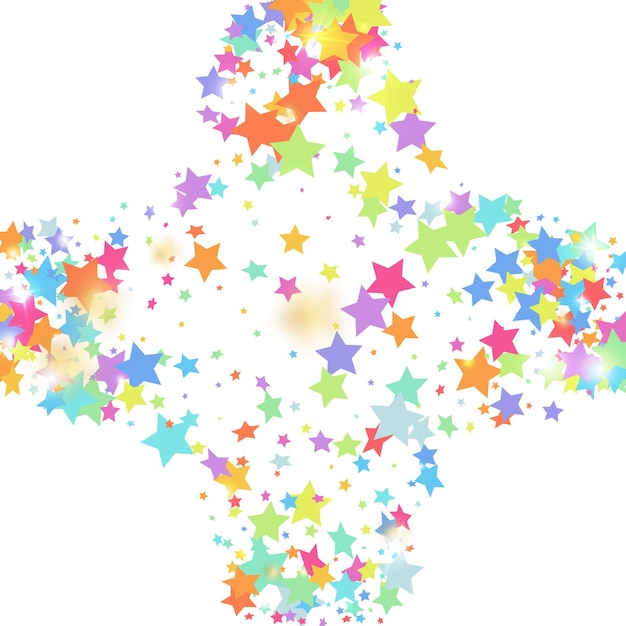 Confeti de estrellas verdes, rojas, amarillas y rosas sobre fondo blanco. Ducha brillante y voladora. Confeti colorido vectorial abstracto. Fondo de decoración brillante y brillante. Plantilla de tarjeta de Navidad