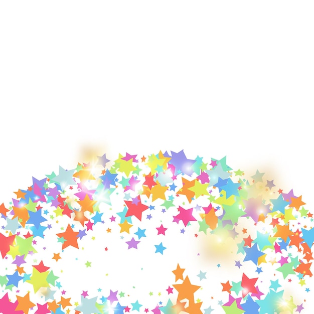 Confeti de estrellas verdes, rojas, amarillas y rosas sobre fondo blanco. Partícula caída minimalista. Confeti colorido vectorial abstracto. Fondo de decoración brillante y brillante. Plantilla de tarjeta de año nuevo