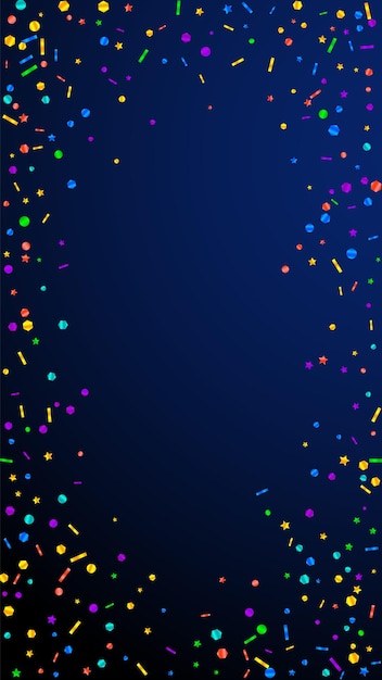 Confeti festivo alucinante. Estrellas de celebración. Confeti festivo sobre fondo azul oscuro. Obteniendo plantilla de superposición festiva. Fondo de vector vertical.